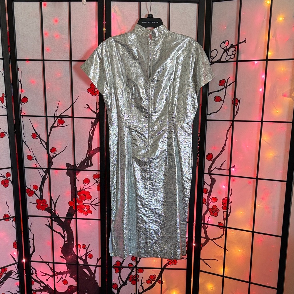 Vintage Metallic Silver Cheongsam-Style Women's Dress - Picture 10 of 15